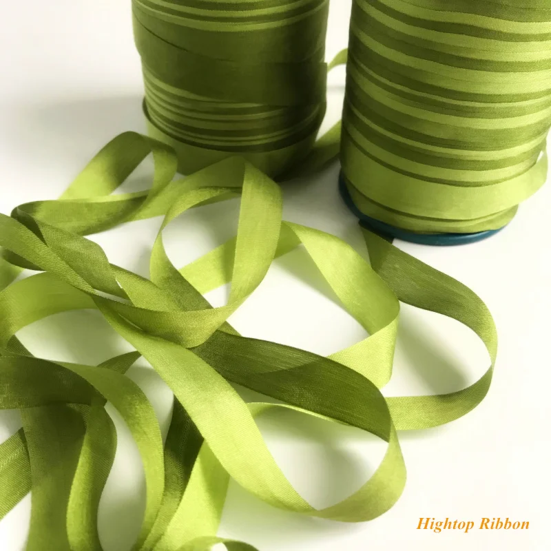 Green silk ribbons 100% real pure double face taffeta, for embroidery and handcraft project,gift packing, 13mm