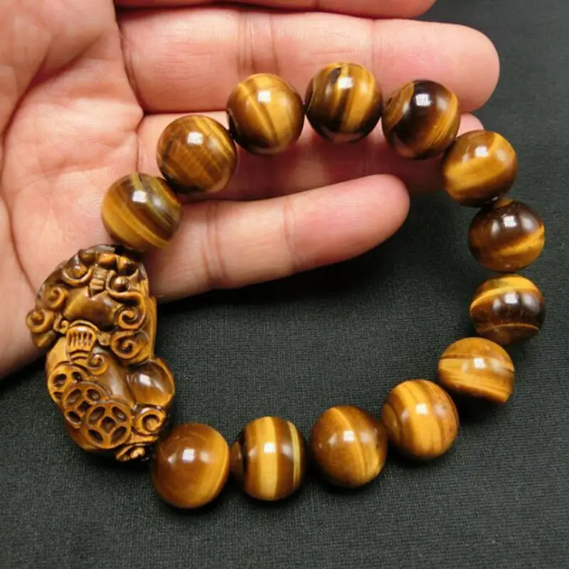 Natural South Africa Tigers-eye crystal Stone Carving Lucky PiXiu Bead Bracelet Buddhism Beads Amulet Ornament*Free Gift Box