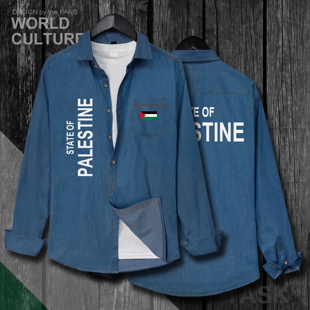 

State of Palestine Palestinian PS PSE Men Spring Autumn Jeans Shirt Cotton Turn-down Collar Long Sleeve Casual Cowboy Flags Coat