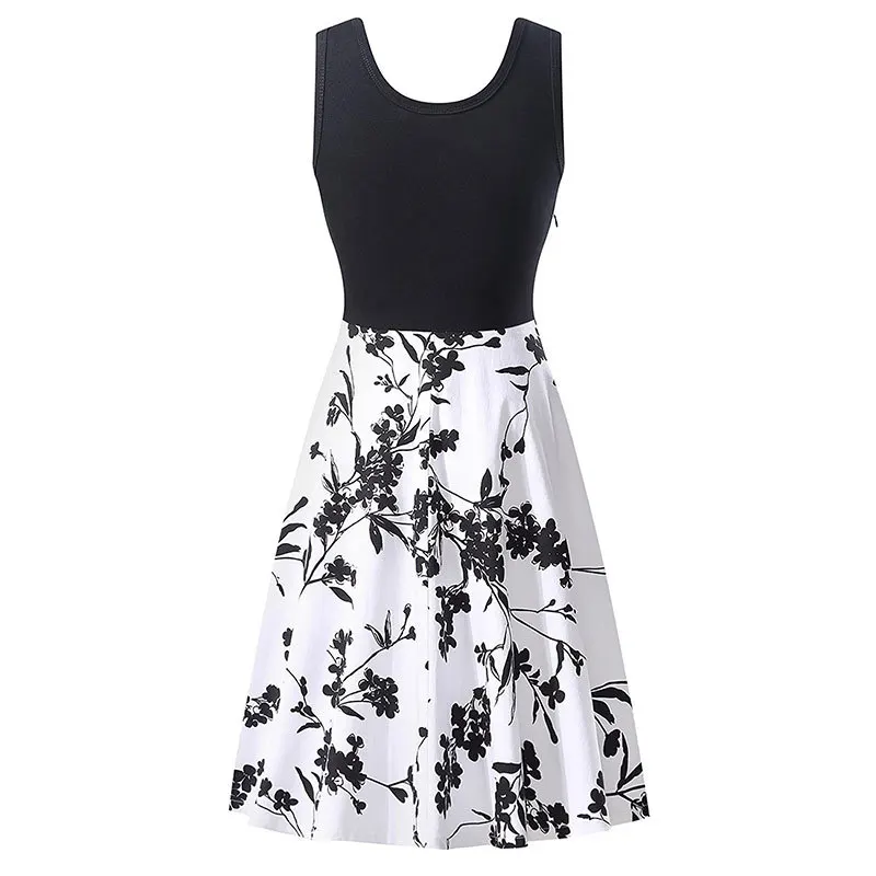 2019 feminino vintage 1950s estilo vestido floral estampado branco retalhos vestido de festa preto elegante feminino sexy mini vestido