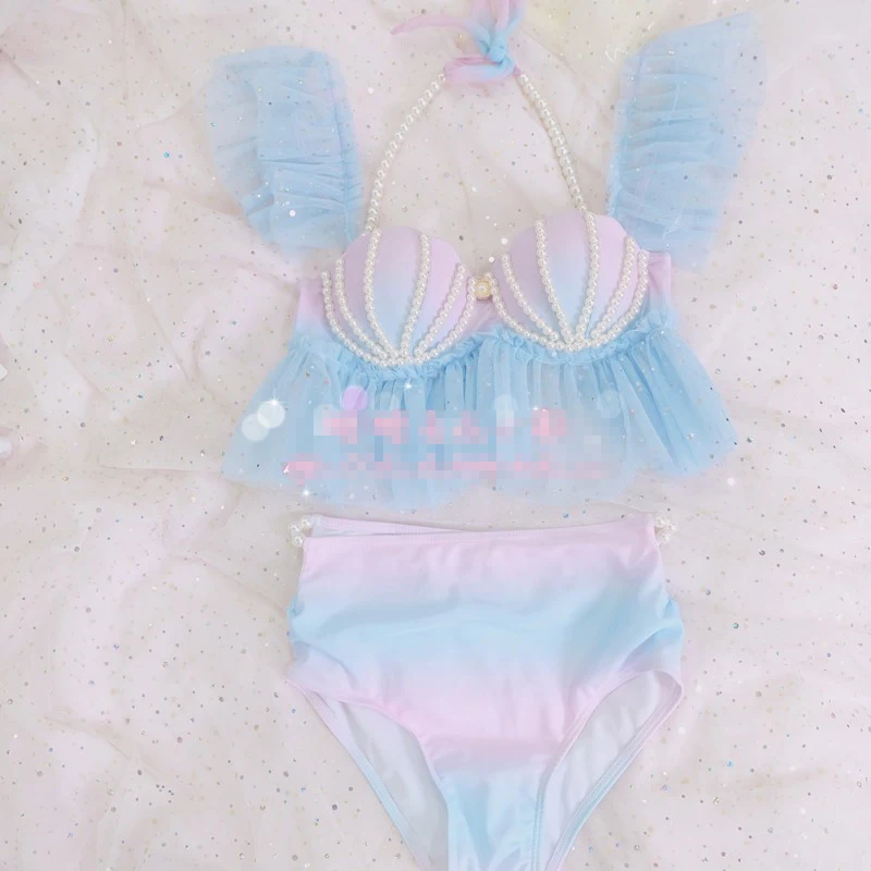 [STOCK] śliczne plaża strój kąpielowy syrenka strój kąpielowy Bikini Gradient Shell biustonosz perłowa dekoracja lato Lolita słodka tkanina nowy