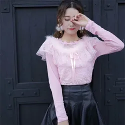 2018 New Summer Autumn Women Ruffles Shirt Sweet Bow Floral Lace Blouse Ladies Long Sleeve Mesh Blouses Blusas Short Tops AB905