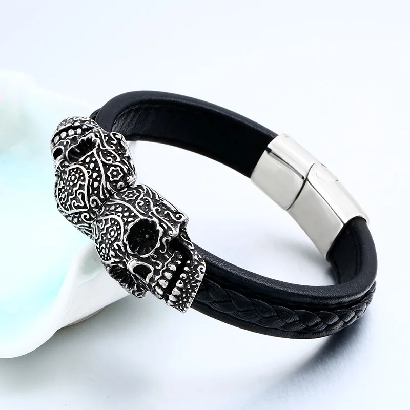 BEIER Cool Punk Double Skull Bracelet For Man 316 Stainless Steel love Bangle Man\'s High Quality Leather Jewelry BC-L024