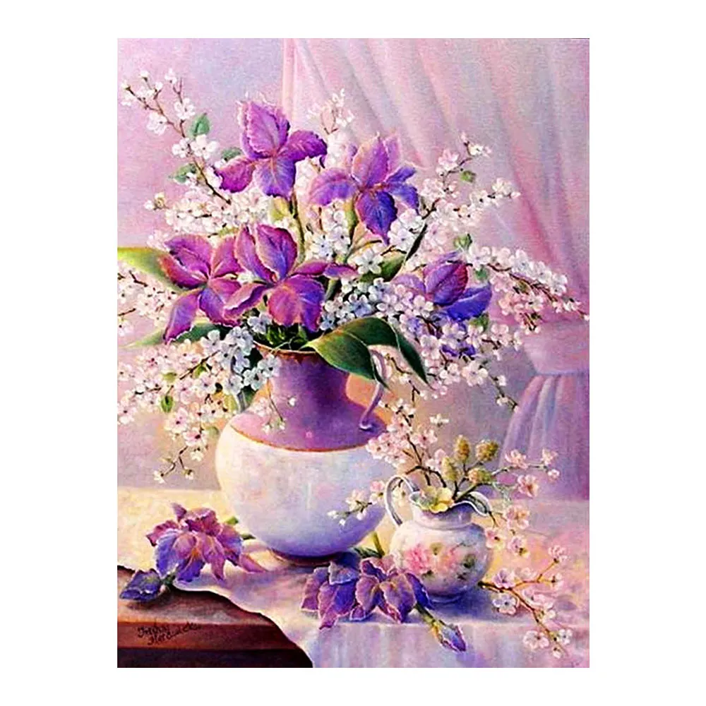 

Purple flowers Diamond Painting Full Round Vase still life New DIY Sticking Drill Cross Embroidery 5D simple Home Decoration