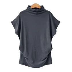 Camiseta de manga corta de murciélago para mujer, de cuello alto ropa holgada, color gris sólido, 5XL, 2023