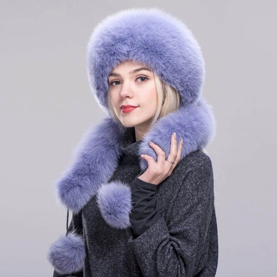 FXFURS Genuine Fox Fur Hats rex Rabbit Fur Top long fox fur scarf with Pompom Winter Female Hat scarf Russian Bombers Hat Caps