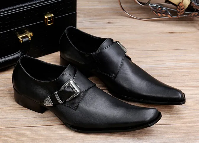 Fashion Genuine Leather Metal Buckle Men\'s Dress Shoes Formal Wedding Office Man Black Pointed Toe Business Luxury Shoes 38-46