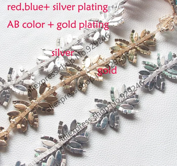 1 yard/lot fashion butterfly-tie red blue AB color crystal rhinestone gold chain popular stone trimming dress garment decoration