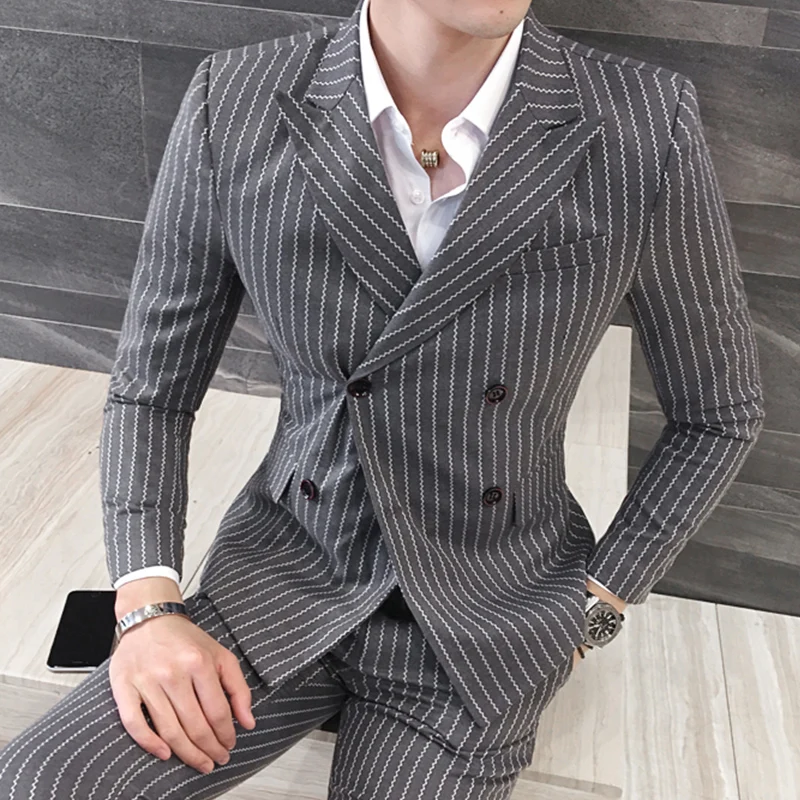 3 Pieces ( Jacket + Vest +Pants) Mens Double-breasted Suit Fashion Striped Groom Wedding Tuxedo for Men Casual Business Suit