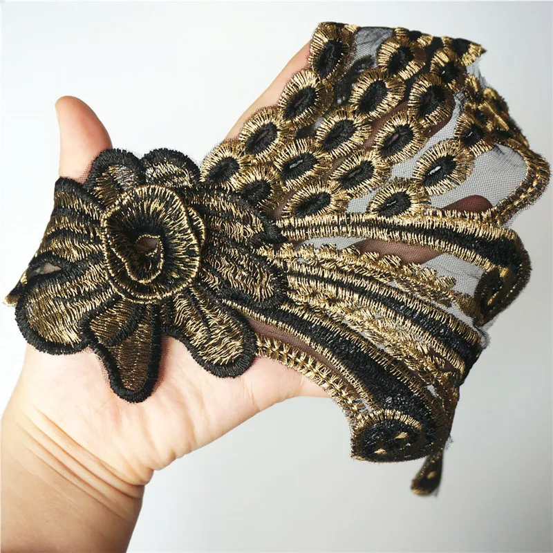 37CM Embroidered Flowers Collar Black Gold Varied Lace Trims Appliques Mesh Sew On Patch For Wedding Evening Dress DIY