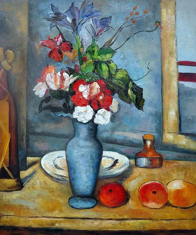 

Le Vase Bleu by Paul Cezanne Oil Painting Flower Canvas Wall Art Decor Painting for Dinning Room Vertical Still Life Handmade