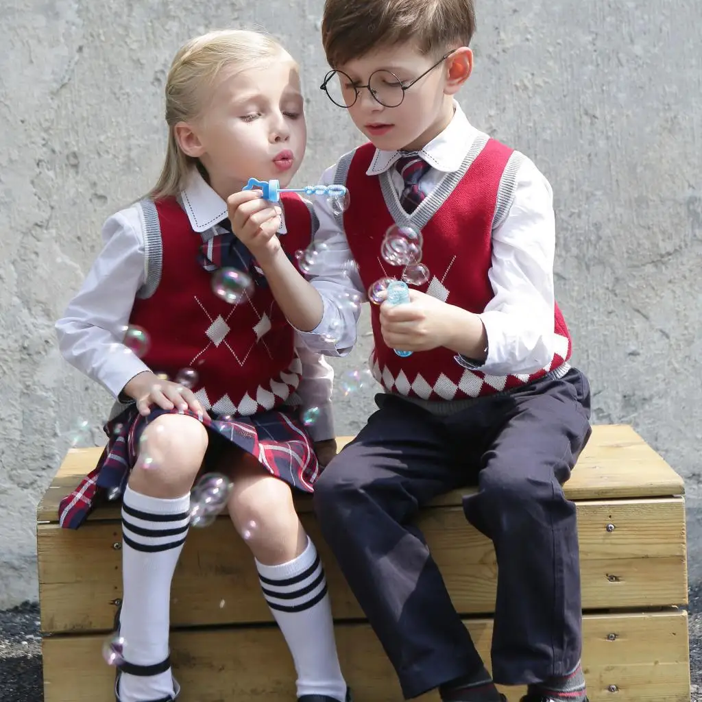 Children School Uniforms 4pcs Suits Boys and Girls School Uniforms Sweater Top Skirt Jacket Student Kindergarten Uniforms D-0526