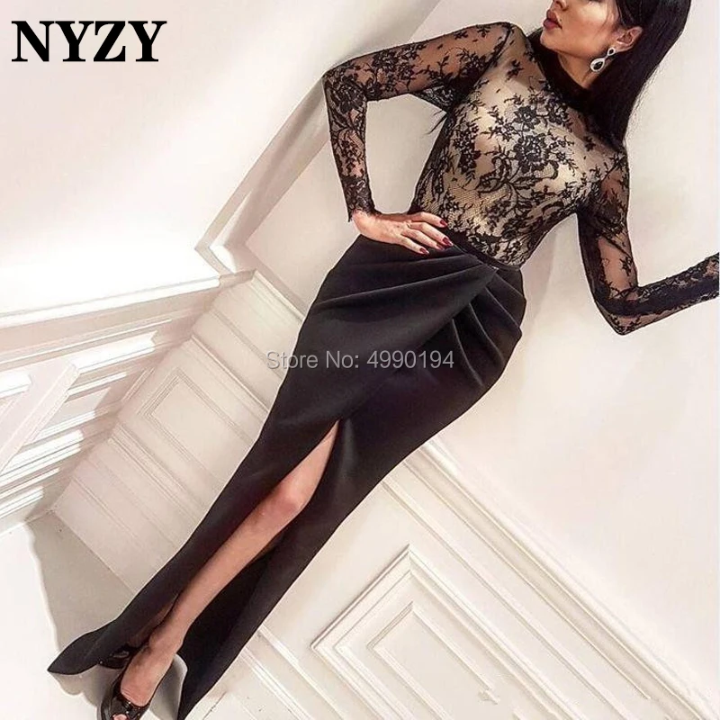 

Black Mother Of The Bride Dresses NYZY M179 High Neck Long Sleeve High Slit Formal Dress Robe Soiree Dubai abendkleider