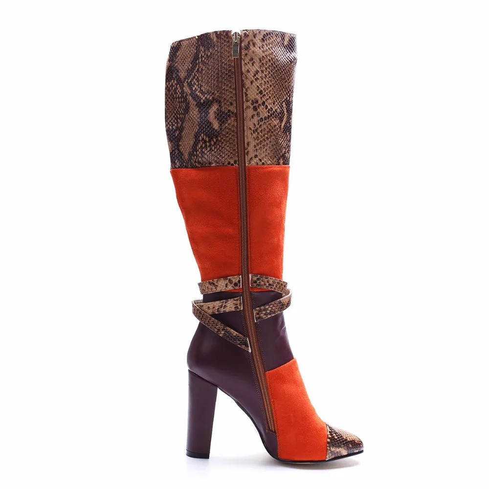 Women Sexy Snake Print High Heel Boots Crocodile Pattern Chunky Heel Round Toe Knee High Boots Ladies Winter Shoes Big Size 2021