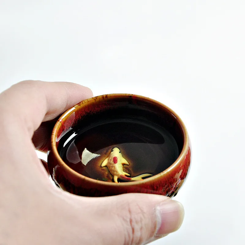 6pcs Kung Fu Tea Cup Set,Chinese Porcelain Teacup Sets Ceramic yaobian China tea set change goldfish Glaze Travel Tea Bowl