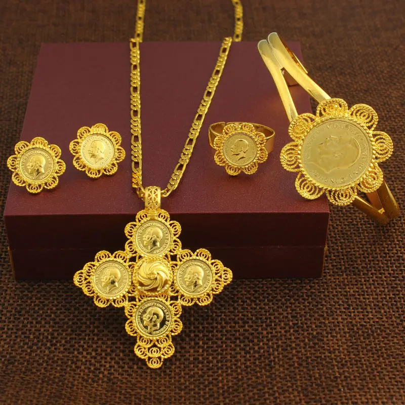 Nieuwste Ethiopische 5 stks Coin Cross Bruiloft Sieraden Sets 24 K Goud Kleur Bridal Romantische Habesha Sieraden voor Vrouwen Beste geschenken