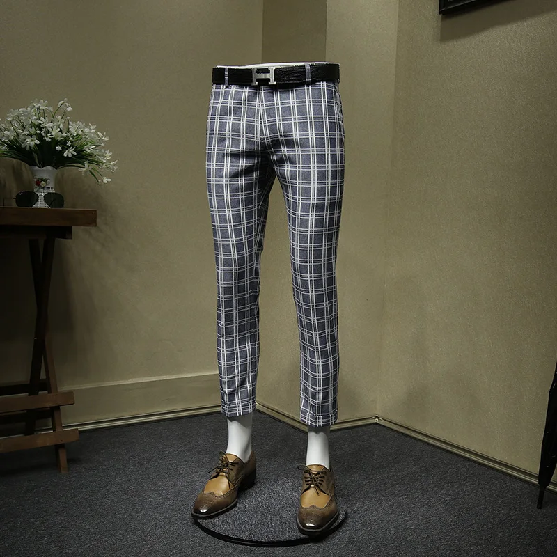 men pants 25% cotton 10% linen blue plaid cropped pants slim fit mens suits pant streetwear summer new arrivals wedding groom