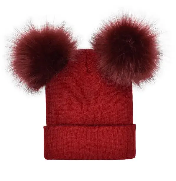 2022 beanie two faux fur pompom winter hat double fake fur pom pom ball knit beanie female cap ski bonnet