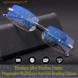 NOMANOV = Progressive Multifocal Reading Glasses Titanium Alloy Rimless TR90 Cut  See Near And Far TOP 0 ADD +0.75 To +3