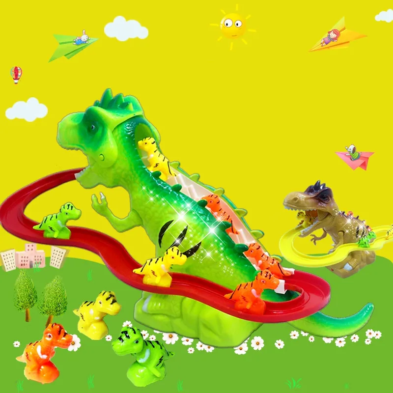 Eletrônico animal de estimação das crianças dinossauro slide trem elétrico pista carro escada escalada brinquedo com luzes e música melhor presente para o bebê