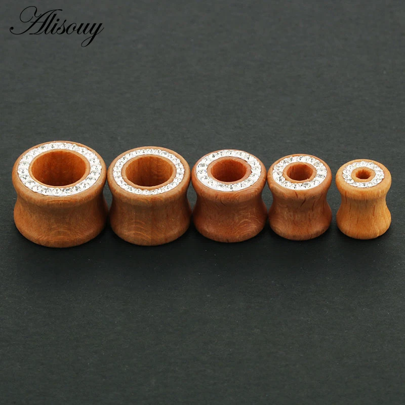 1PC Fashion Ear Plugs Wood Flesh Tunnels Zircon Crystal Rhinestone 8mm-16mm Saddle Ear Taper Body Piercing Jewelry Men Women
