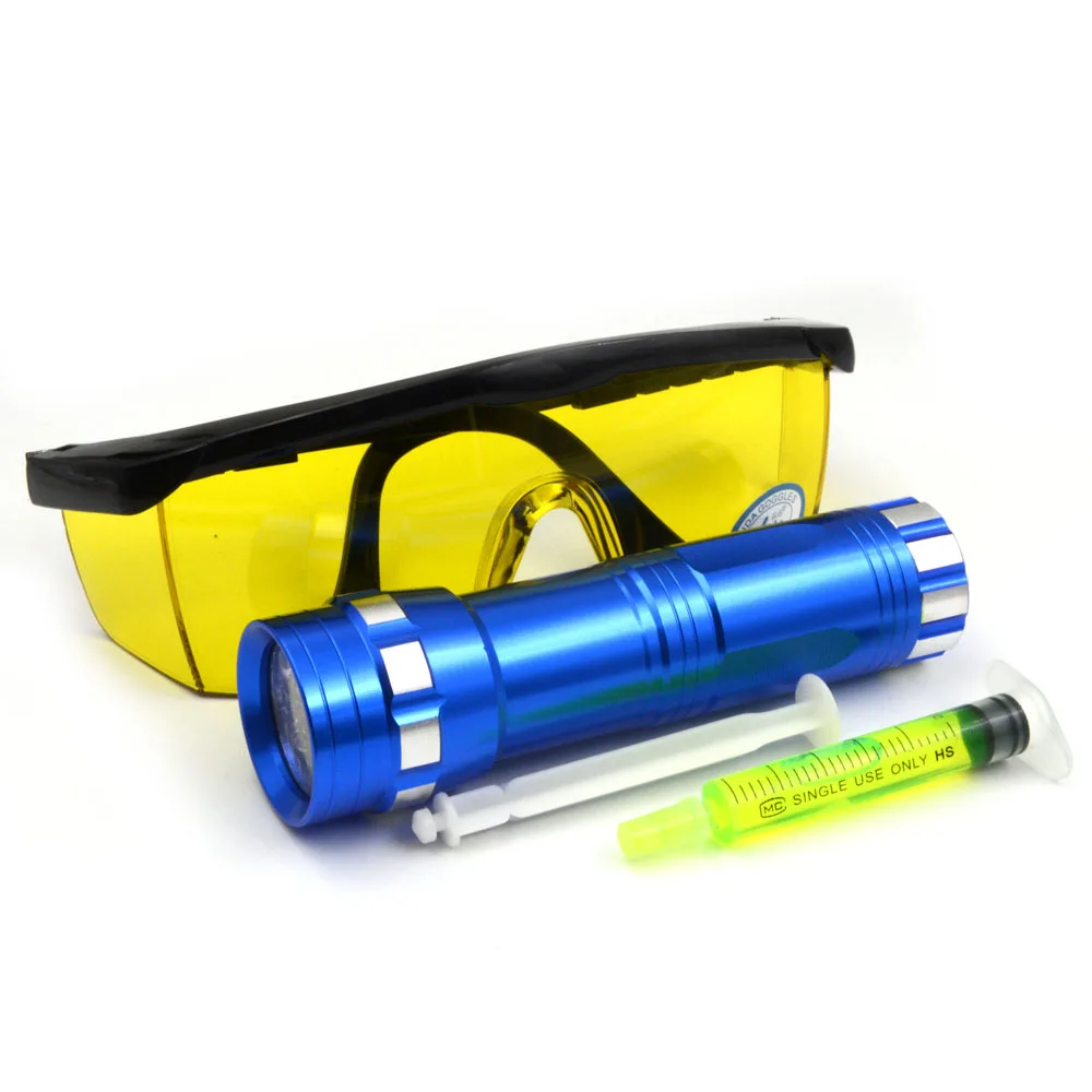 Car Air Conditioning Repair Tool Kit Leaks 14 LED UV Blue Flashlight Kit R134a R12 Car Fluorescent Oil with Leak Glasses