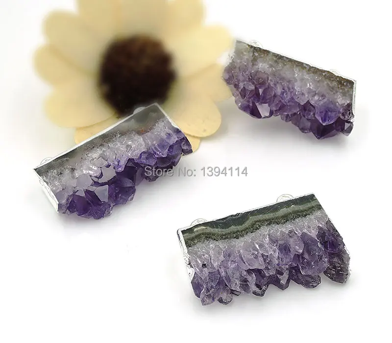 

Natural Amethyst Druzy Slice Rectangle Pendant With Double Circles Side Silver-plated Approx 40*20mm