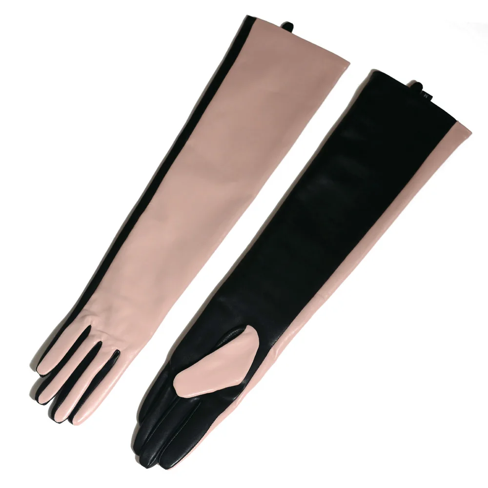 Winter Women Genuine Leather Contrast Color 40/50 cm Long Gloves Female Pink/Black Opera Evening Luva Mujer Street Deri Gantlet