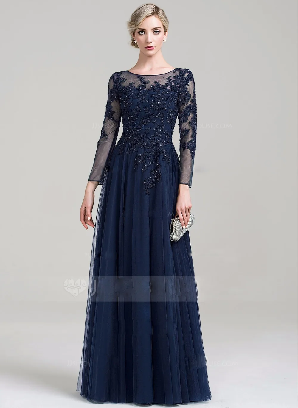 Round Neck A-line Floor Length Chiffon Mother Dress With Beaded Sequins Customizable For Wedding Parties