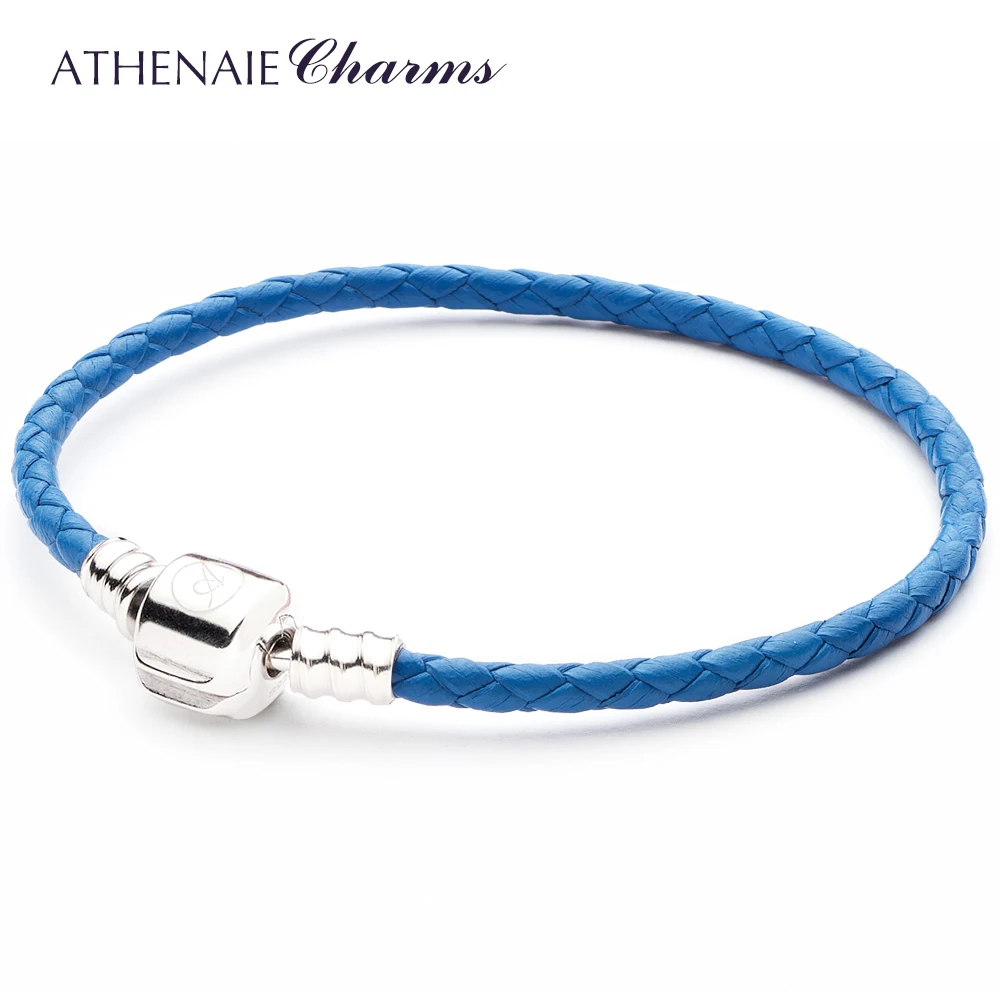 

ATHENAIE Sea Blue Bracelet Single Braided Leather Bracelets 925 Sterling Silver Snap Clasp Bangle fit Women Men DIY Gift Jewerly