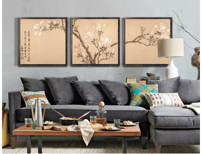 traditional Chinese painting flowers picture painting vintage posters lotus flowers Magnolia pictures masterpiece 3 panels