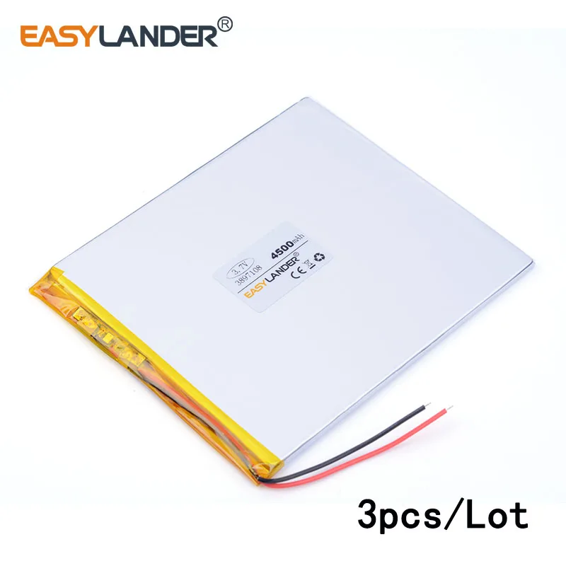 

3pcs /Lot 4500mAH 3897108 3.7v lithium Li ion polymer rechargeable battery for tablet pc e-book power bank Naptop video game