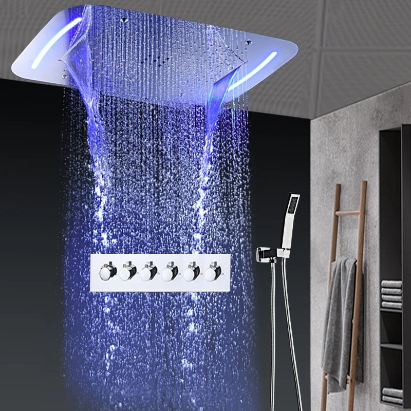 

2026 Recessed Ceiling Waterfall Shower Set High Flow LED Rain Mist Shower facuets Kits Batrhroom 5 Functions Mixing Valve