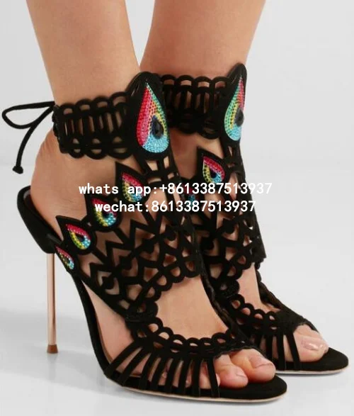 2017 Hot Summer Sexy Women Black Gladiator Cuts Out Open Toe 100 mm Phaedra Peacock High Heel Lace Up Back Sandals Party Shoes