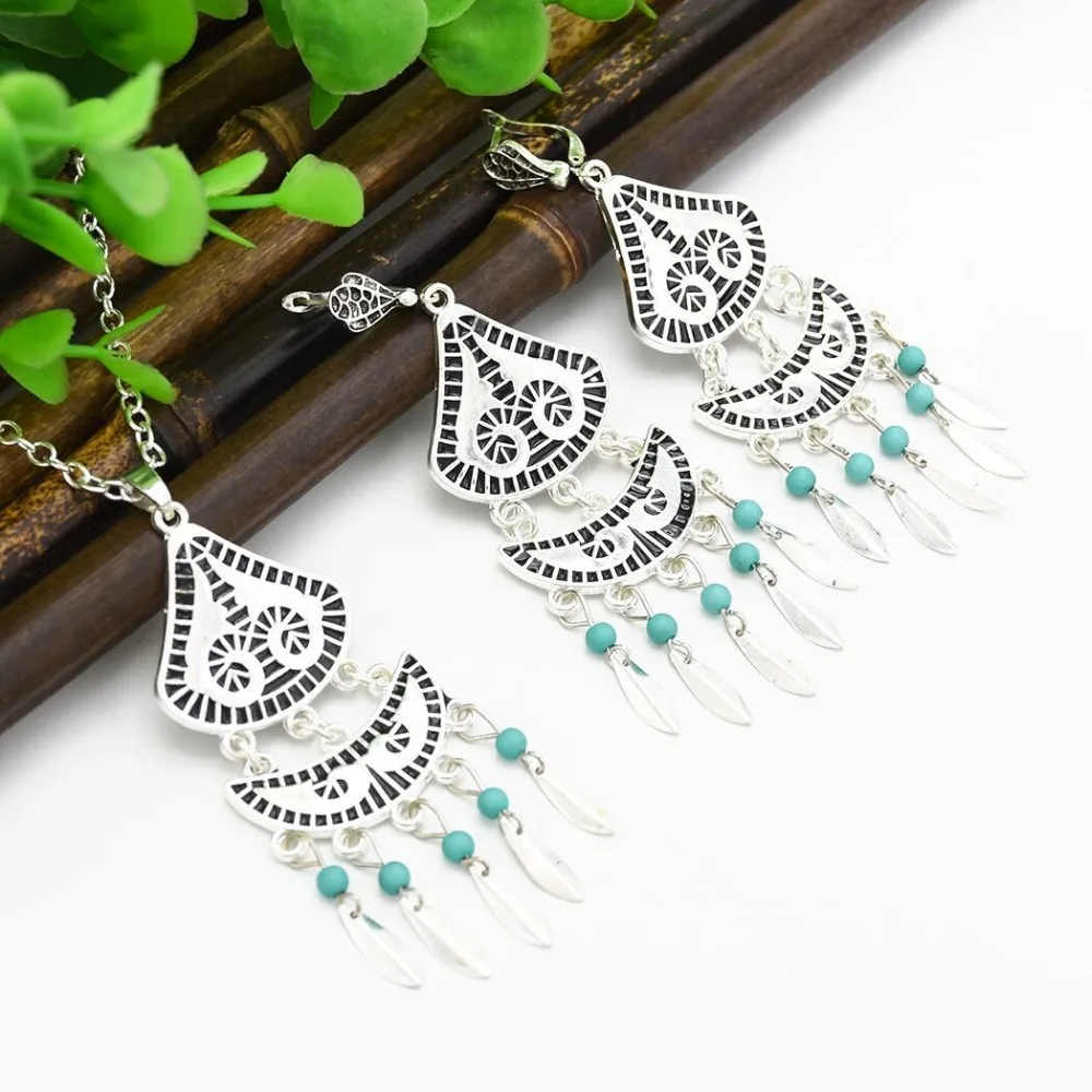 4 Styles Vintage Metal Green Red Beads Pendant Necklace Earrings Sets for Women Boho Turkish Charming Jewelry Set