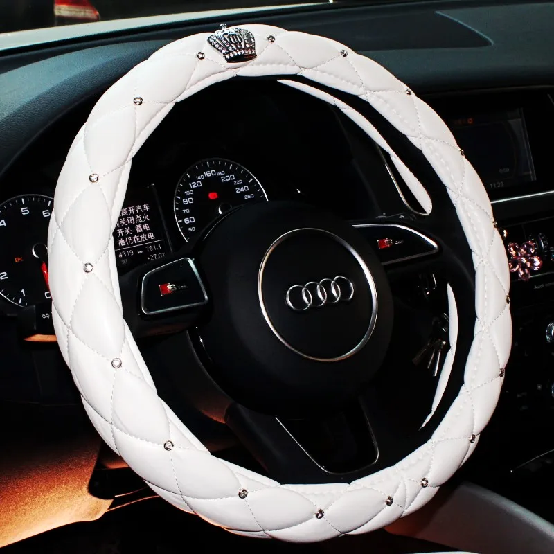 Bling Rhinestone Car Steering Wheel Cover Leather Crown Auto Steering-Covers Handle Cases Diamond For Women Girls Styling Gadget