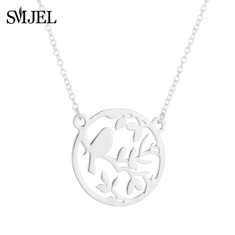 SMJEL Stainless Steel Jewelry Animal Bird Necklace Landscape Bird on Branch Circle Statement Necklaces Women Collar N374 image 3