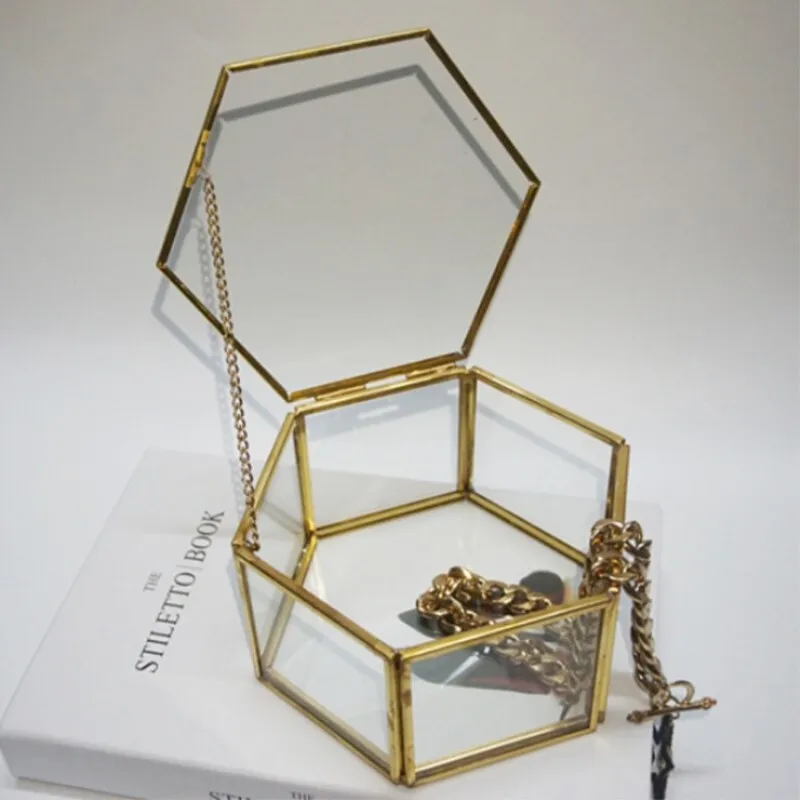 

Glass Box Jewelry Transparent Golden Jewelry Box Unique Hexagonal Geometric Ring Box For Wedding Decorations Home Decoration