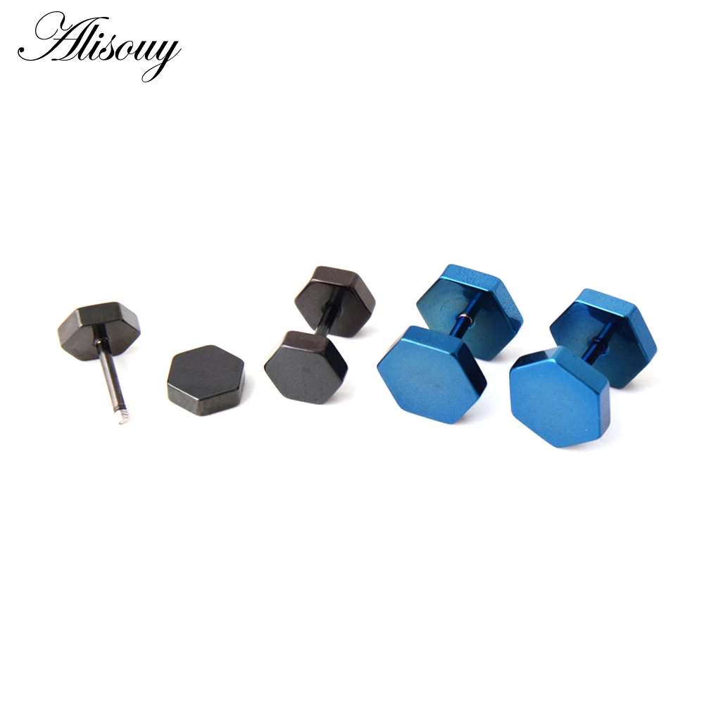 Alisouy 2pc hexagon studs Wholesale Fashion Black  color Stainless Steel Earrings Women Men\'s Punk Gothic Stud Earring For men