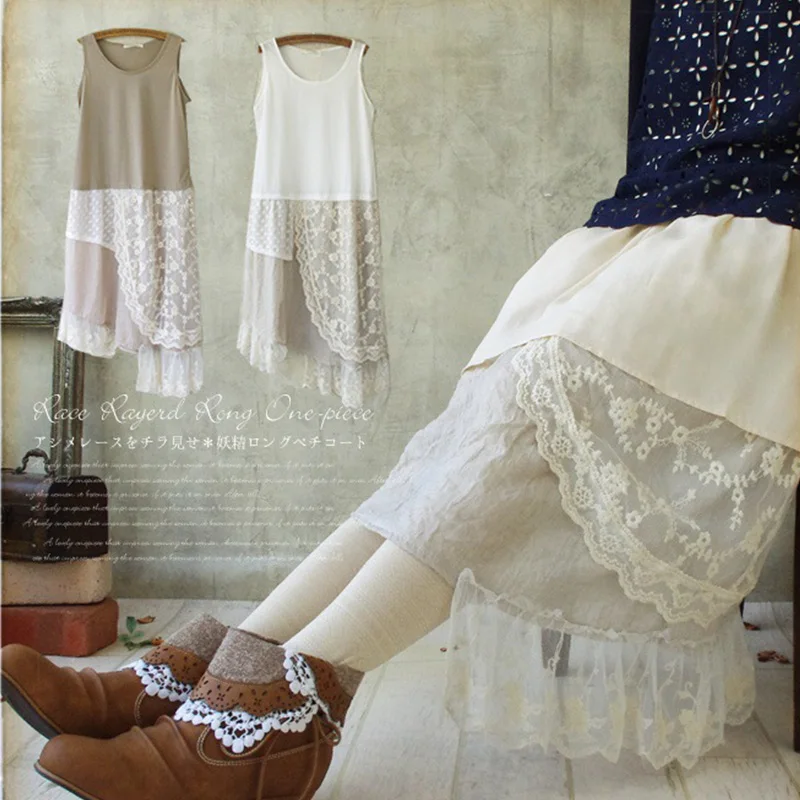 Harajuku mori menina doce vestido roupas femininas assimétrico retalhos algodão renda camada sem mangas kawaii meados de bezerro vestidos a023