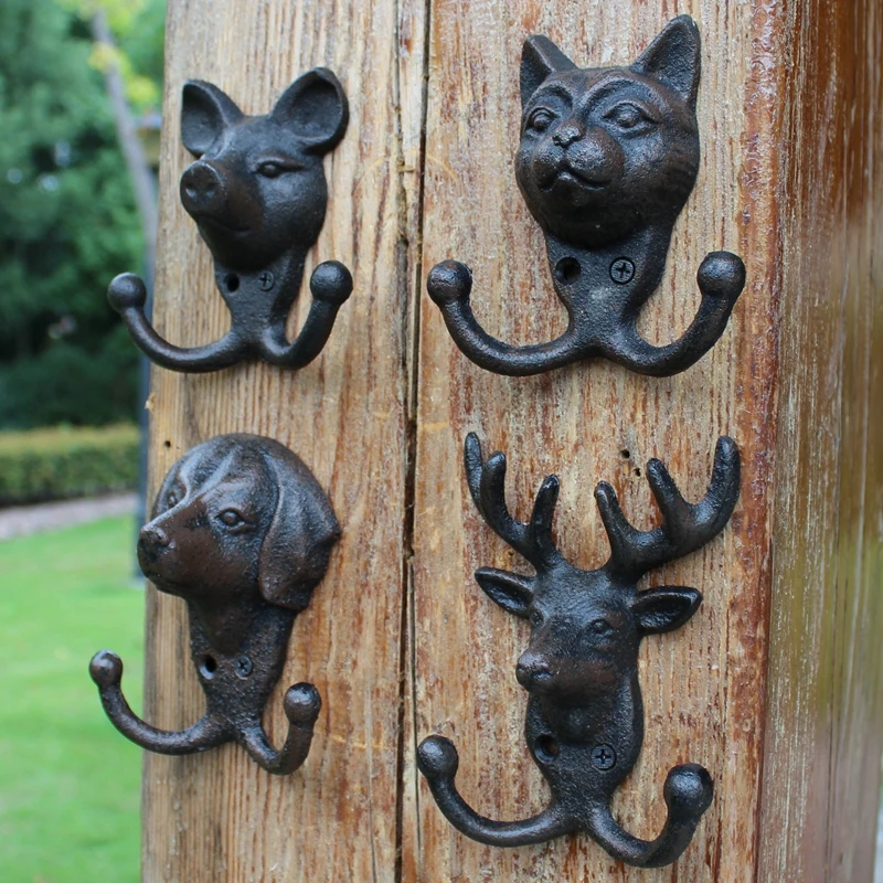 European Vintage Cat Dog Pig Reindeer Animal Heads Design Cast Iron Wall Hook With Two Hangers Home Garden Decor Small Hooks