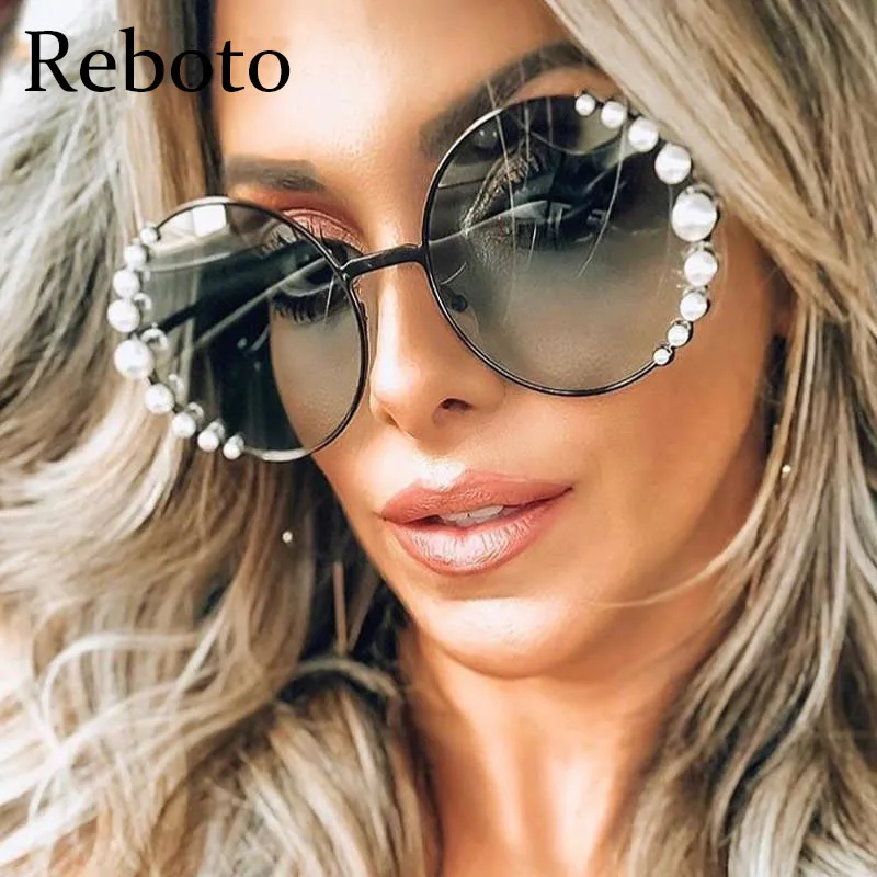 Oversized Round Sunglasses Women Luxury Pearl Brand Designer Glasses Ladies Elegant Clear Lens Pink Shades For Women Eyewear