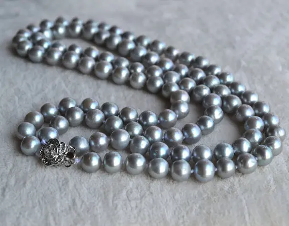 100% Real Pearl Necklace,Gray Color 2Rows 17-18 inches 7.5-8mm Round Shape Freshwater Pearl Necklace Lady's Pearl Jewelry