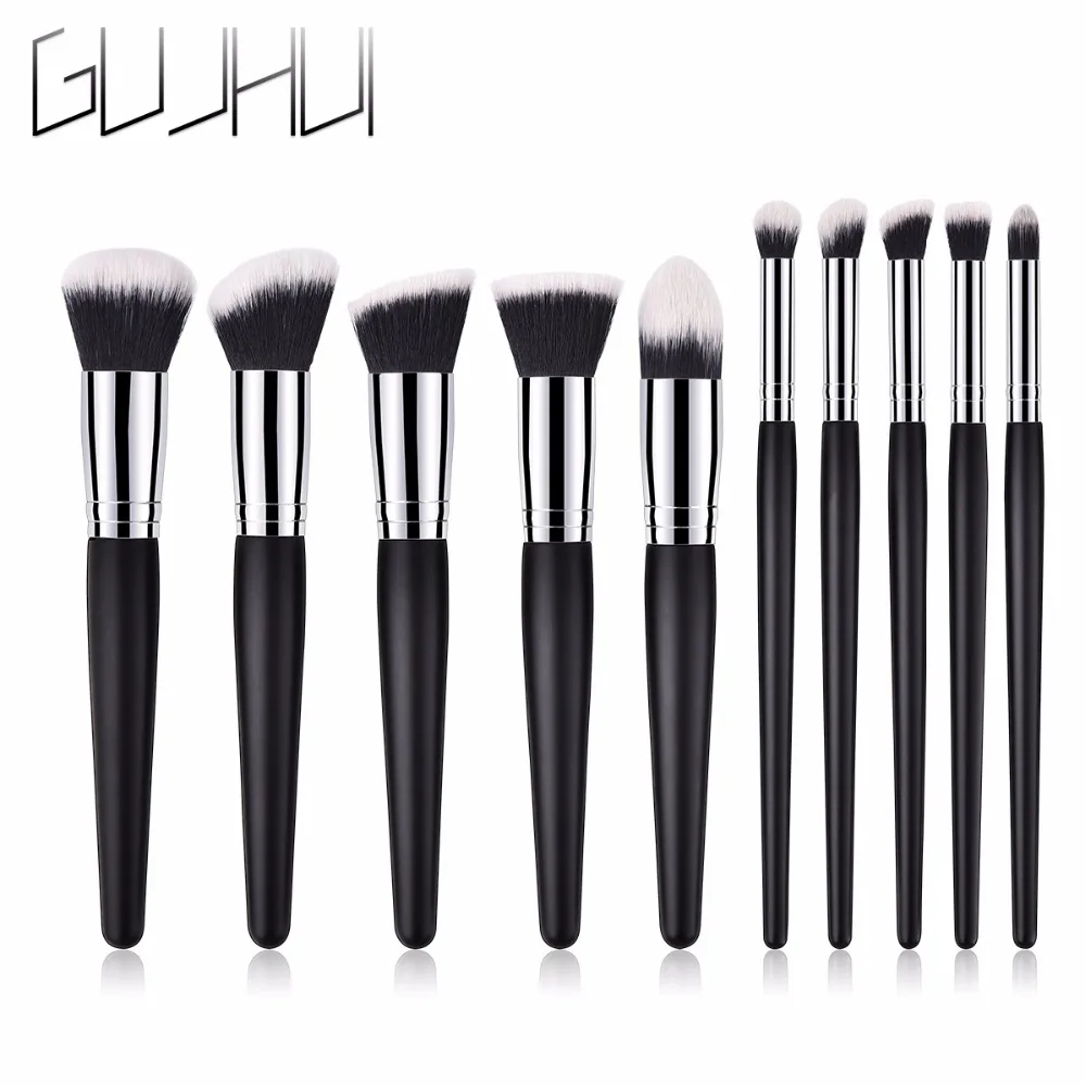 Juego de brochas de maquillaje profesional de alta calidad, Kit de pinceles Kabuki para sombra de ojos en polvo, cosméticos, herramientas de belleza, color plateado/Negro, 10 unids/set