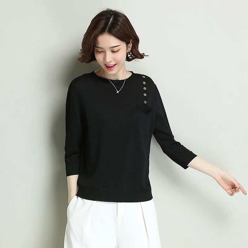 

Women Knitted Pullovers Sweater Spring Summer Three-quarter Sleeve Korean Loose Jumper Tops Lady Thin Solid Color Sweaters H9354