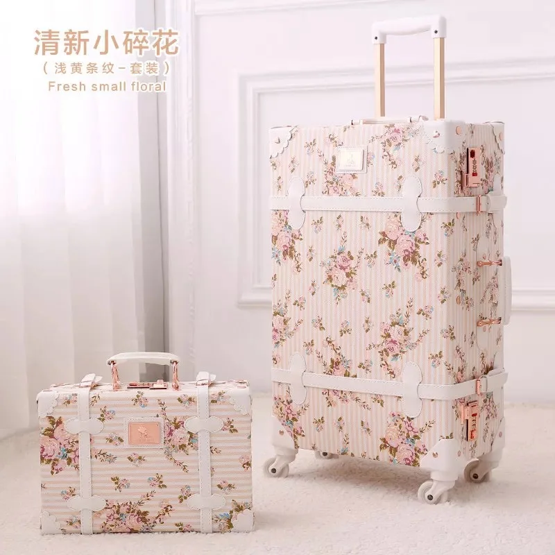 2PCS/SET Vintage Floral PU Travel Bag Rolling Luggage,13\