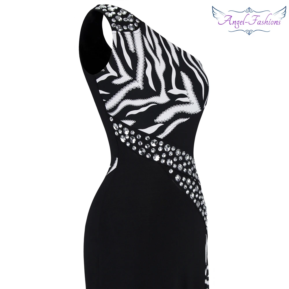 Angel-fashions One Shoulder Zebra Gemstones Stitching Evening Dress Black Ballkleid 072 480