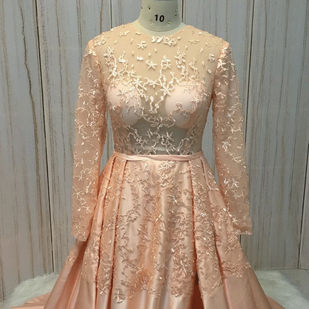 SuperKimJo Vestidos De Festa Long Sleeve Lace Peach Prom Dresses 2020 Elegant Saudi Arabic Prom Gowns with Sleeves