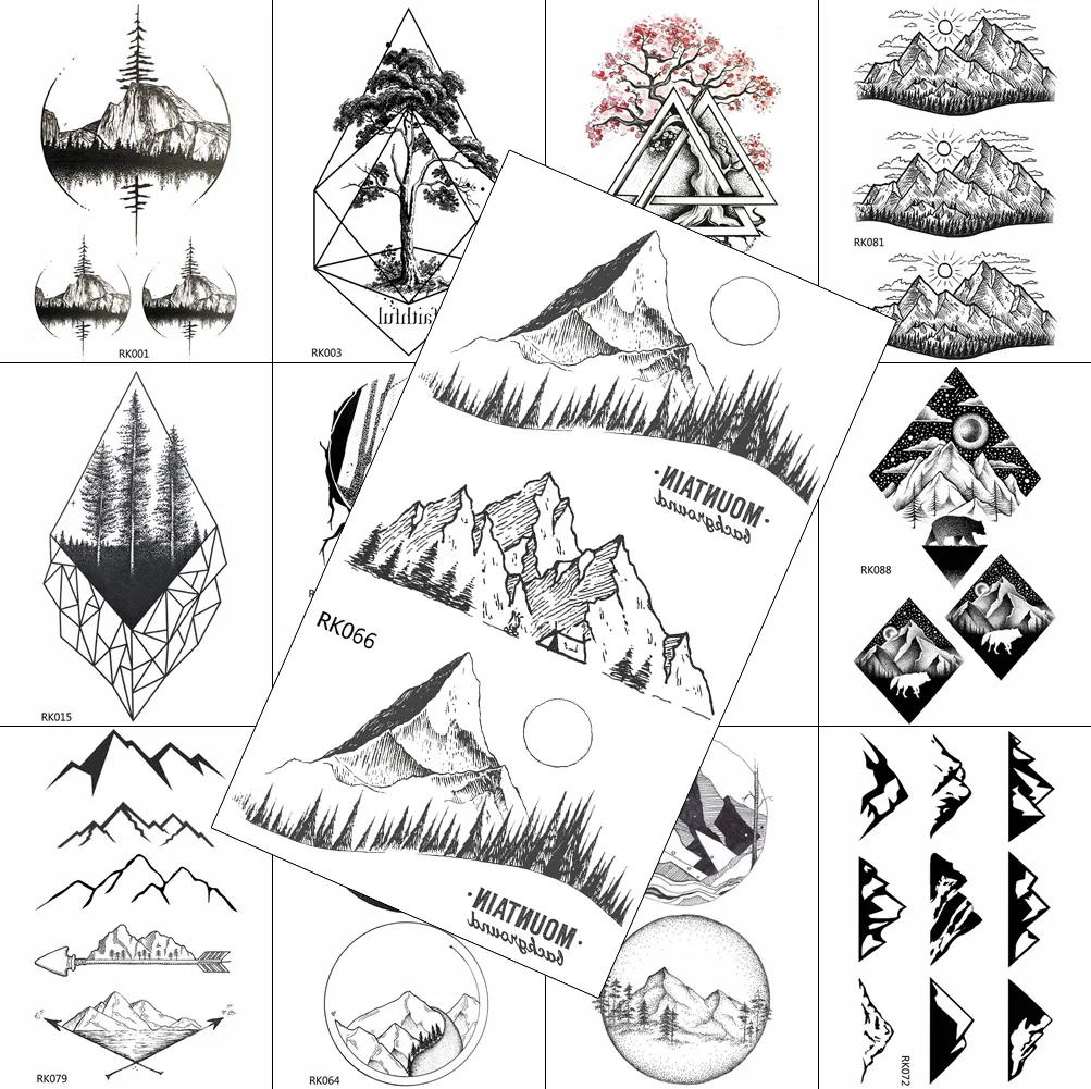 

Black Mountain Geometric Temporary Tattoos Sticker Realistic For Men Washable Tattoo Decal Body Art Drawing Fake Forest Tatoos