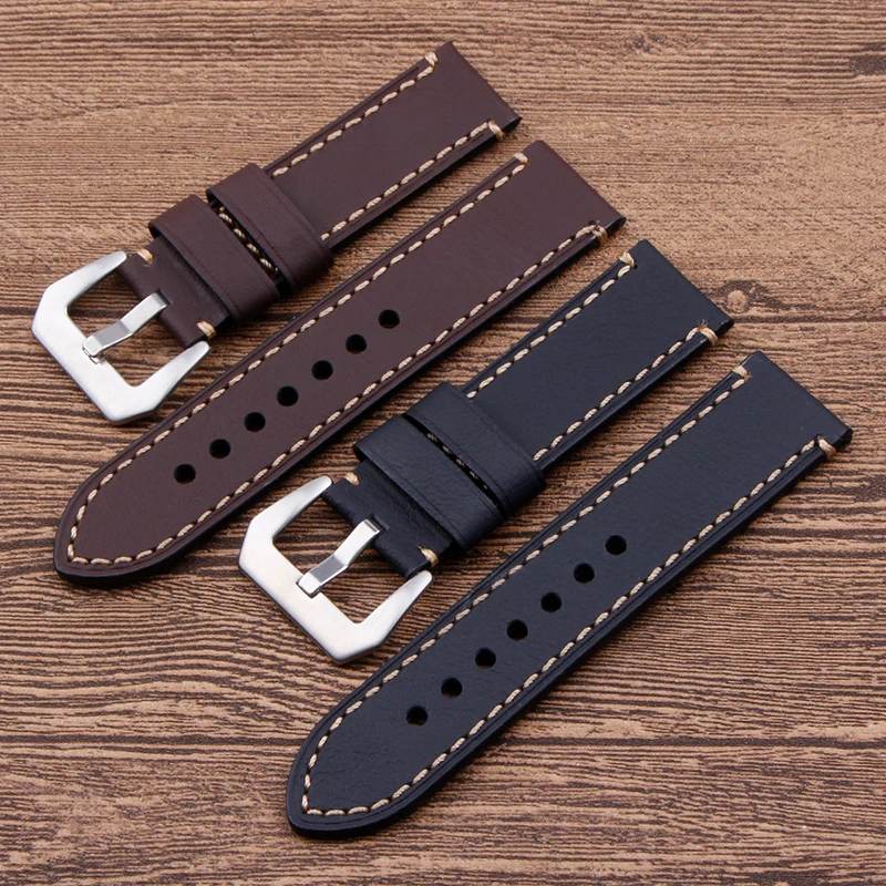 ZLIMSN Hand Stitching Vintage Watchbands Men Genuine Leather 22mm 24mm Calfskin Watch Band Strap Metal Buckle Accessories